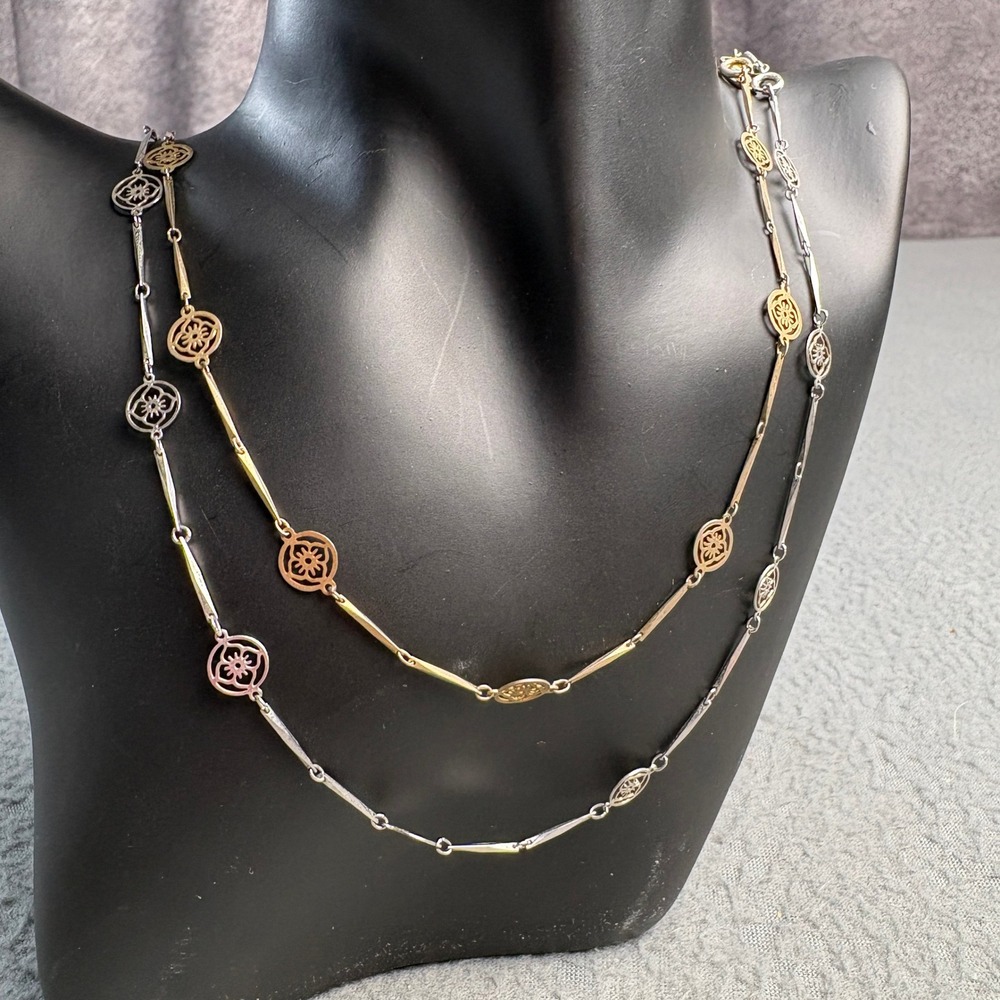 Avon Vintage Station Necklace Set Gold Silver Tone Floral Medallion 28 Inch